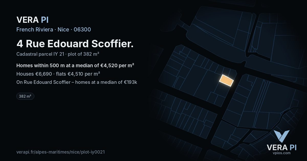 4 Rue Edouard Scoffier, Nice at night – the plot lit, the parcels around coloured by the prices near them