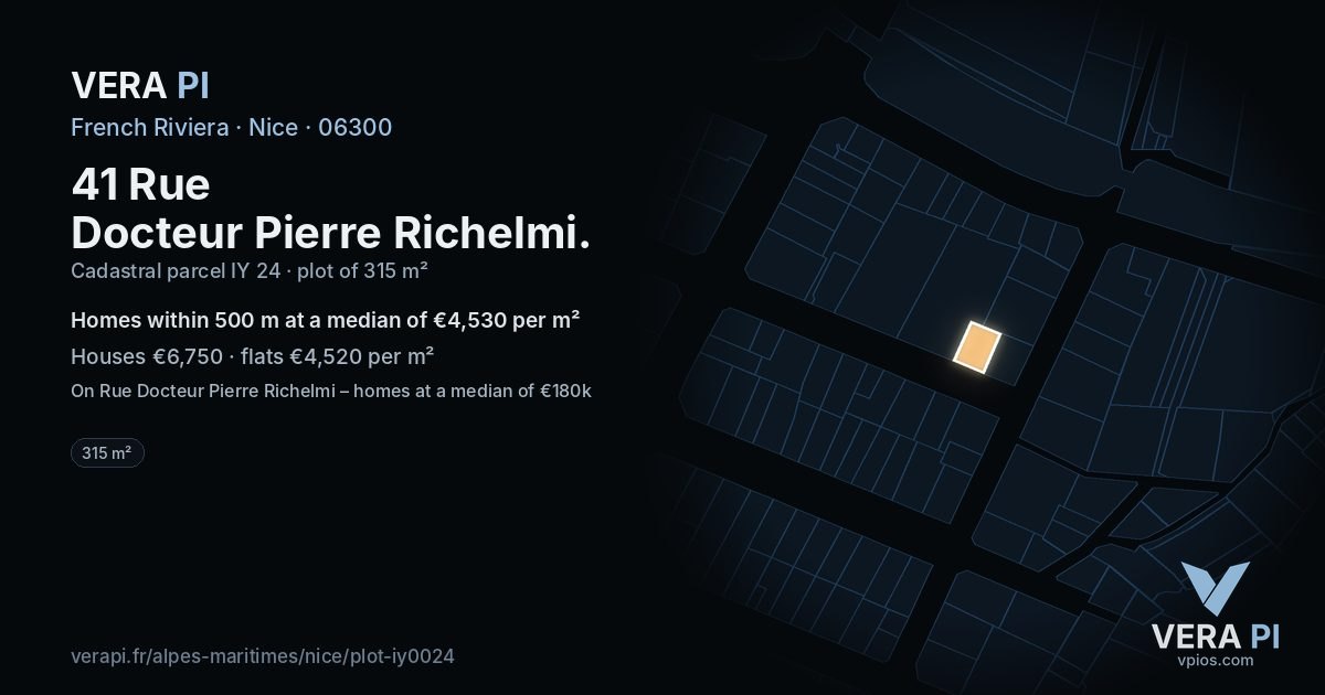 41 Rue Docteur Pierre Richelmi, Nice at night – the plot lit, the parcels around coloured by the prices near them