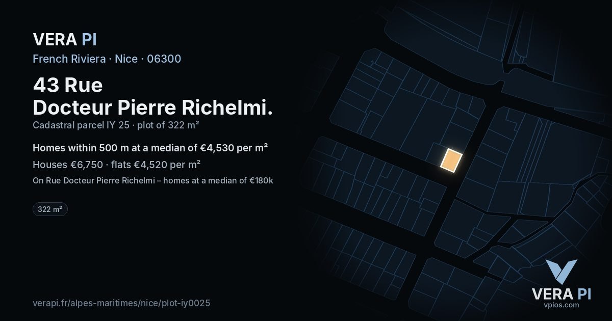 43 Rue Docteur Pierre Richelmi, Nice at night – the plot lit, the parcels around coloured by the prices near them
