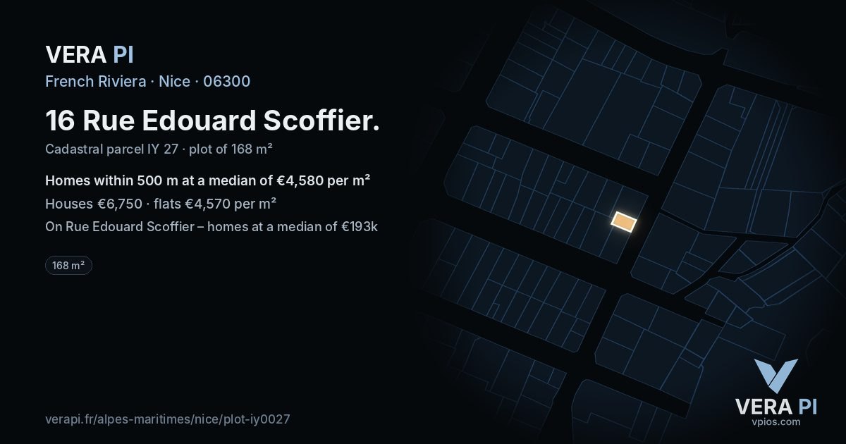 16 Rue Edouard Scoffier, Nice at night – the plot lit, the parcels around coloured by the prices near them