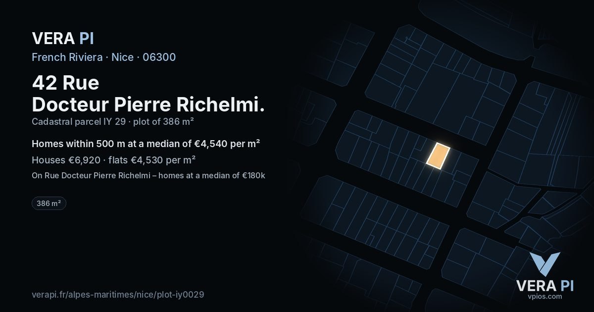 42 Rue Docteur Pierre Richelmi, Nice at night – the plot lit, the parcels around coloured by the prices near them