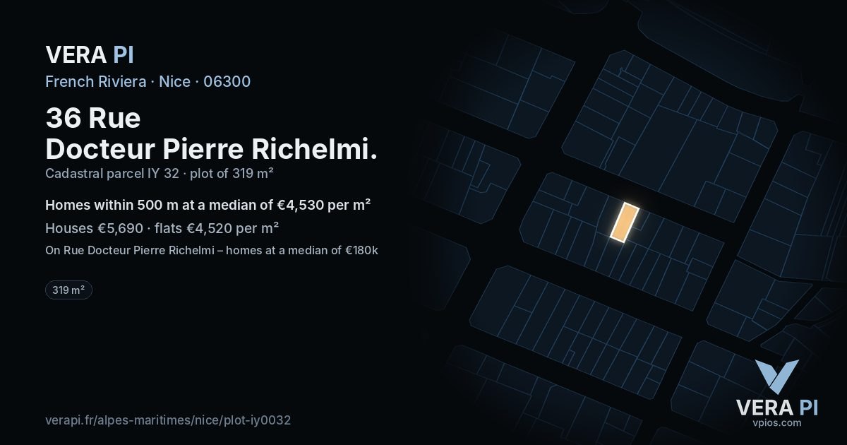 36 Rue Docteur Pierre Richelmi, Nice at night – the plot lit, the parcels around coloured by the prices near them