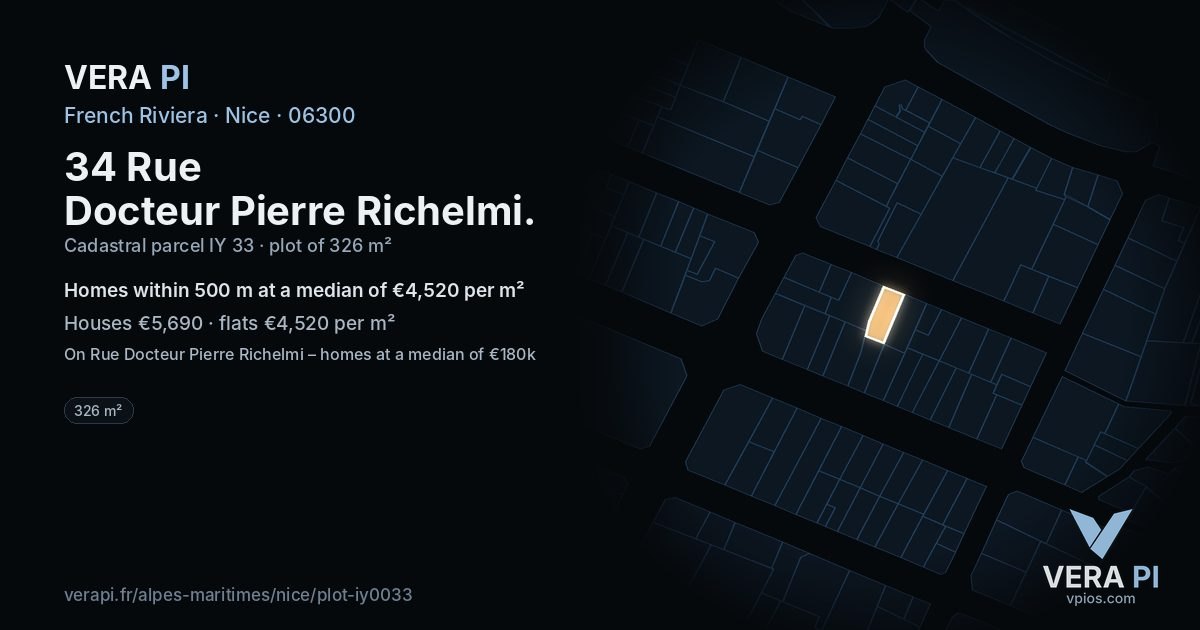 34 Rue Docteur Pierre Richelmi, Nice at night – the plot lit, the parcels around coloured by the prices near them