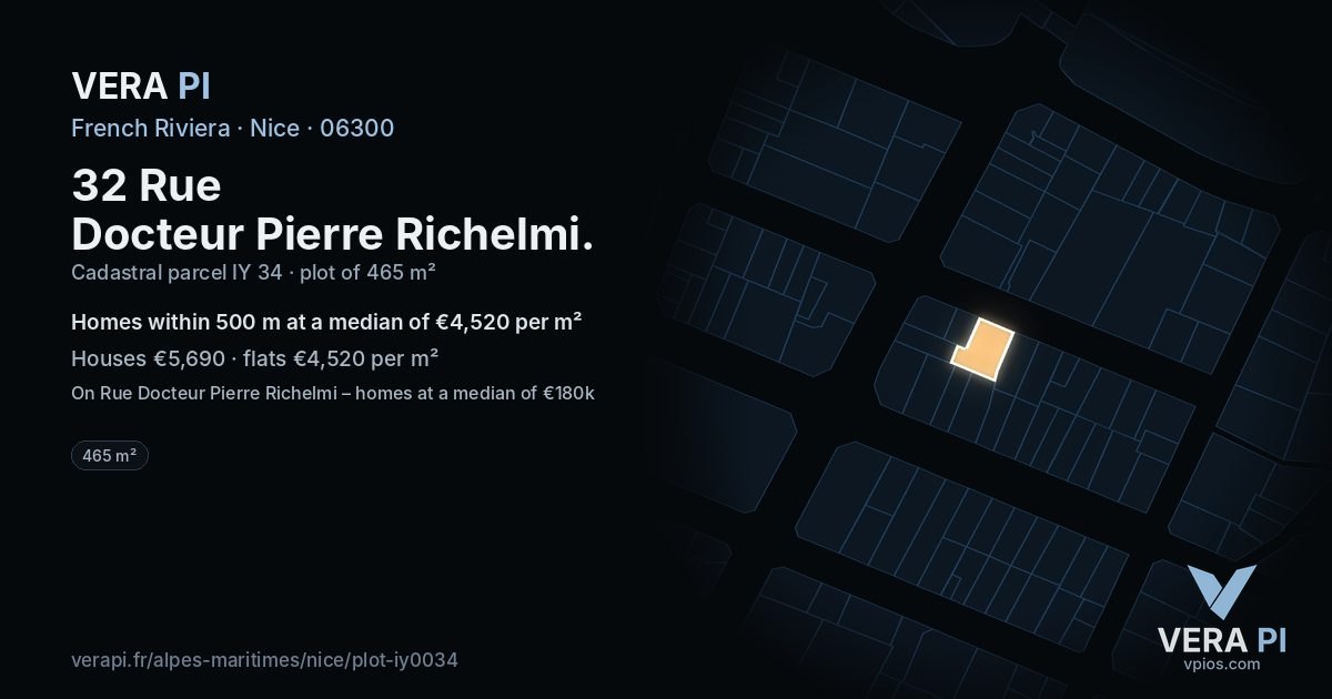 32 Rue Docteur Pierre Richelmi, Nice at night – the plot lit, the parcels around coloured by the prices near them