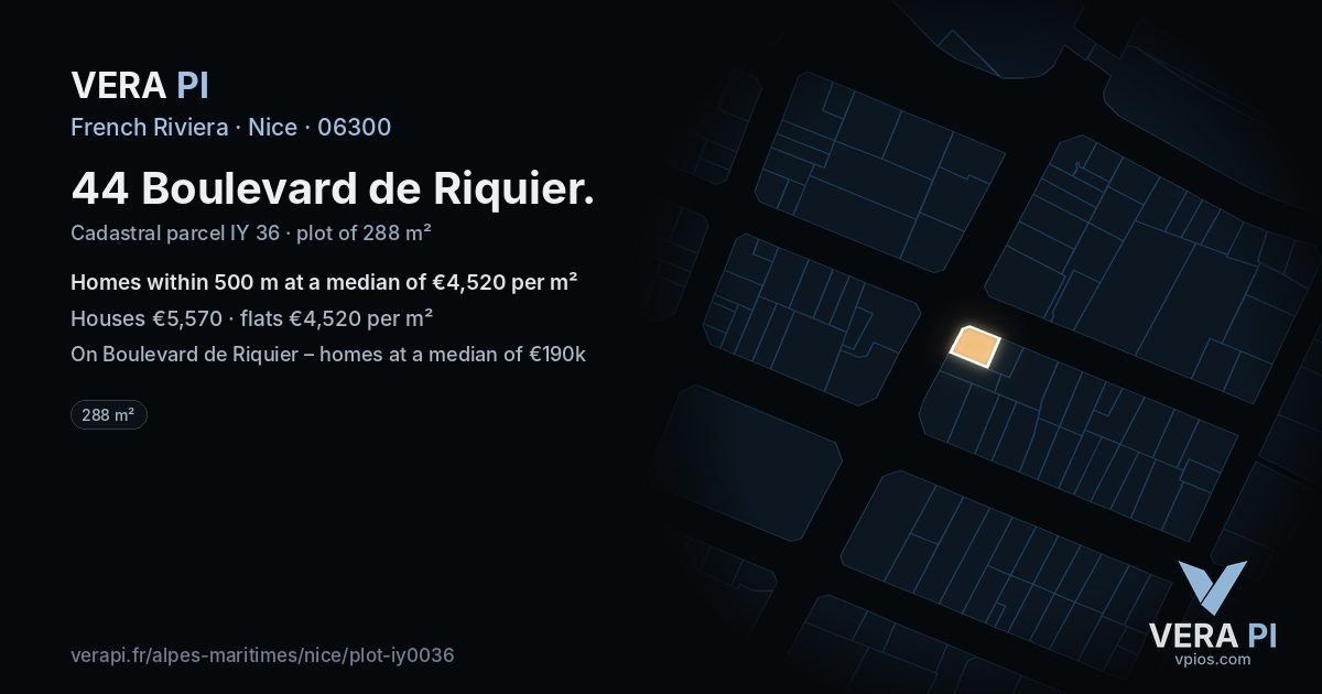 44 Boulevard de Riquier, Nice at night – the plot lit, the parcels around coloured by the prices near them