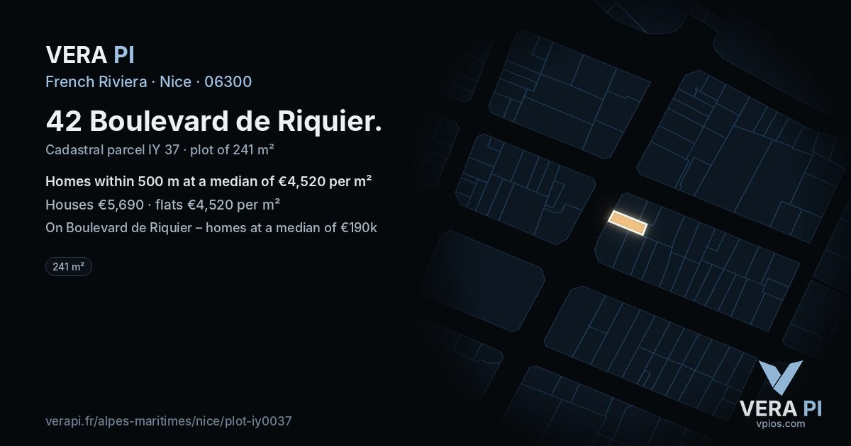 42 Boulevard de Riquier, Nice at night – the plot lit, the parcels around coloured by the prices near them