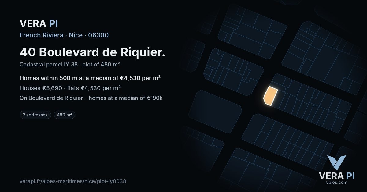 40 Boulevard de Riquier, Nice at night – the plot lit, the parcels around coloured by the prices near them