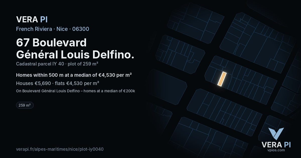 67 Boulevard Général Louis Delfino, Nice at night – the plot lit, the parcels around coloured by the prices near them