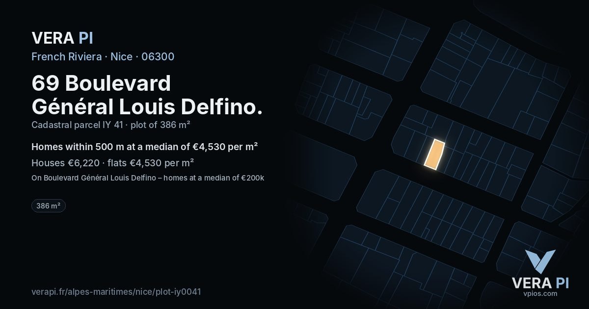 69 Boulevard Général Louis Delfino, Nice at night – the plot lit, the parcels around coloured by the prices near them