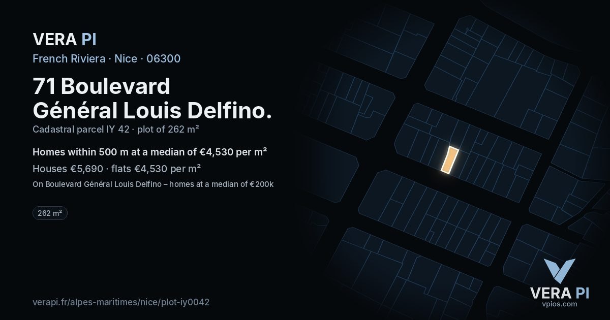 71 Boulevard Général Louis Delfino, Nice at night – the plot lit, the parcels around coloured by the prices near them