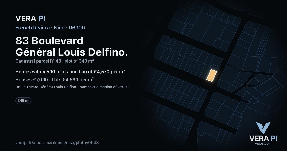 83 Boulevard Général Louis Delfino, Nice at night – the plot lit, the parcels around coloured by the prices near them
