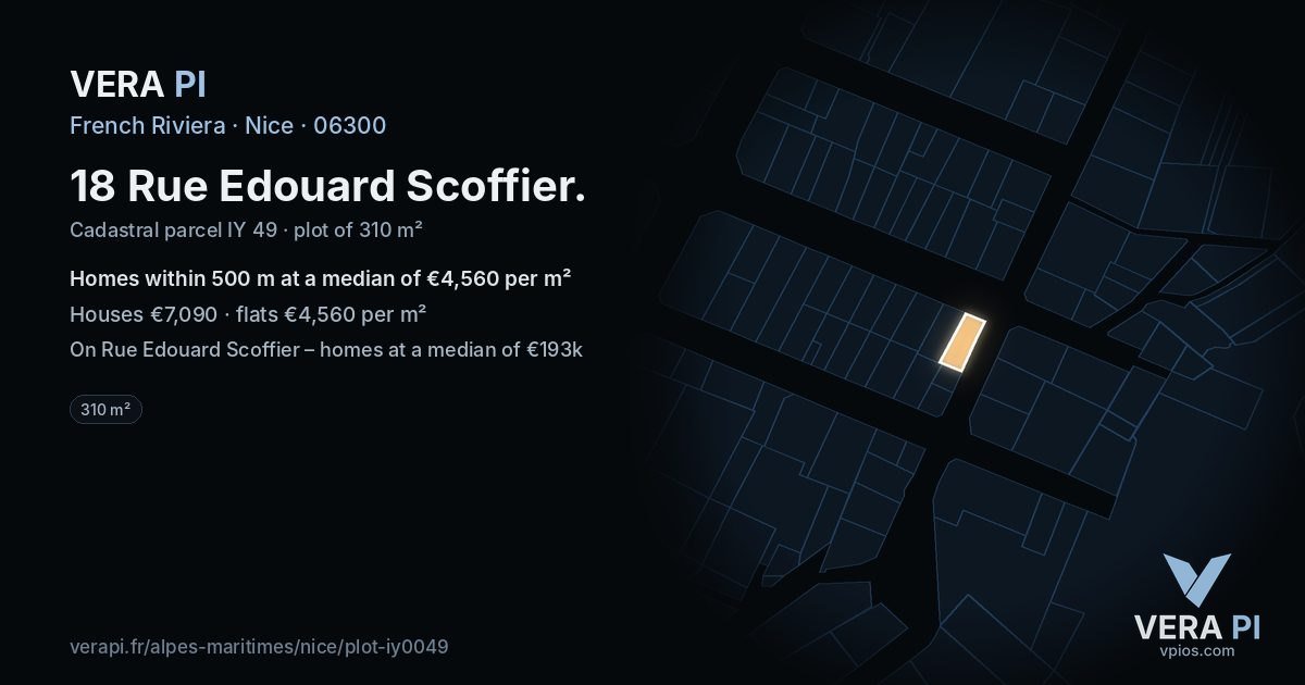 18 Rue Edouard Scoffier, Nice at night – the plot lit, the parcels around coloured by the prices near them