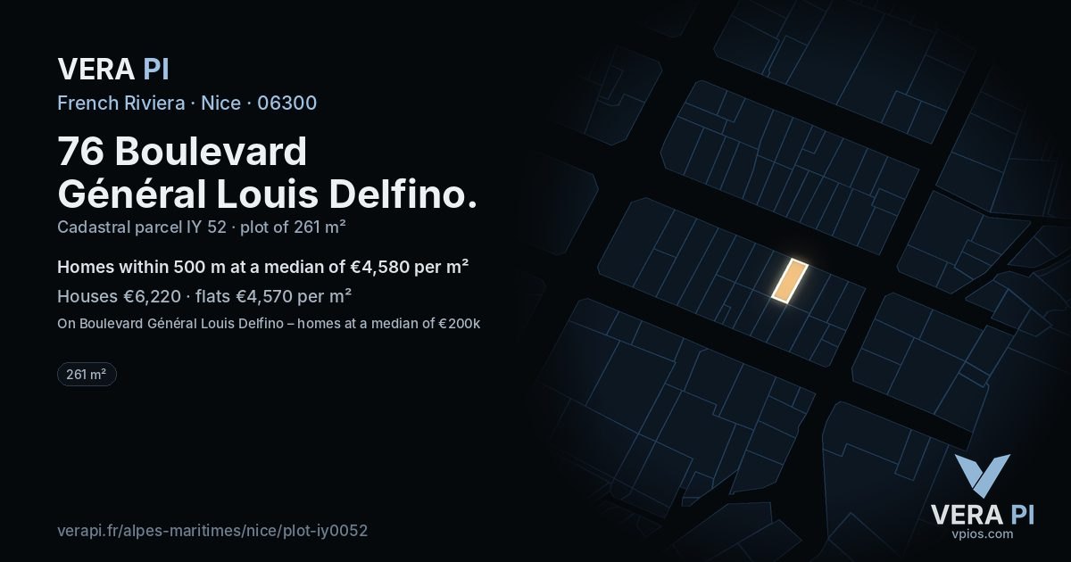 76 Boulevard Général Louis Delfino, Nice at night – the plot lit, the parcels around coloured by the prices near them