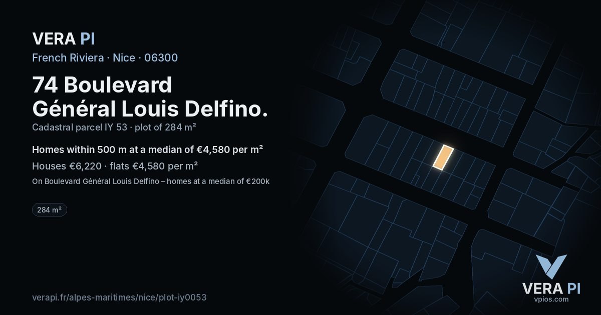 74 Boulevard Général Louis Delfino, Nice at night – the plot lit, the parcels around coloured by the prices near them