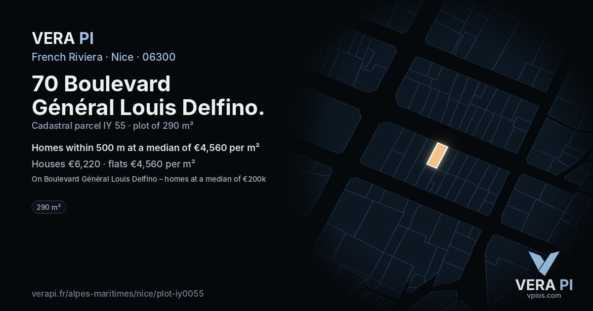 70 Boulevard Général Louis Delfino, Nice at night – the plot lit, the parcels around coloured by the prices near them