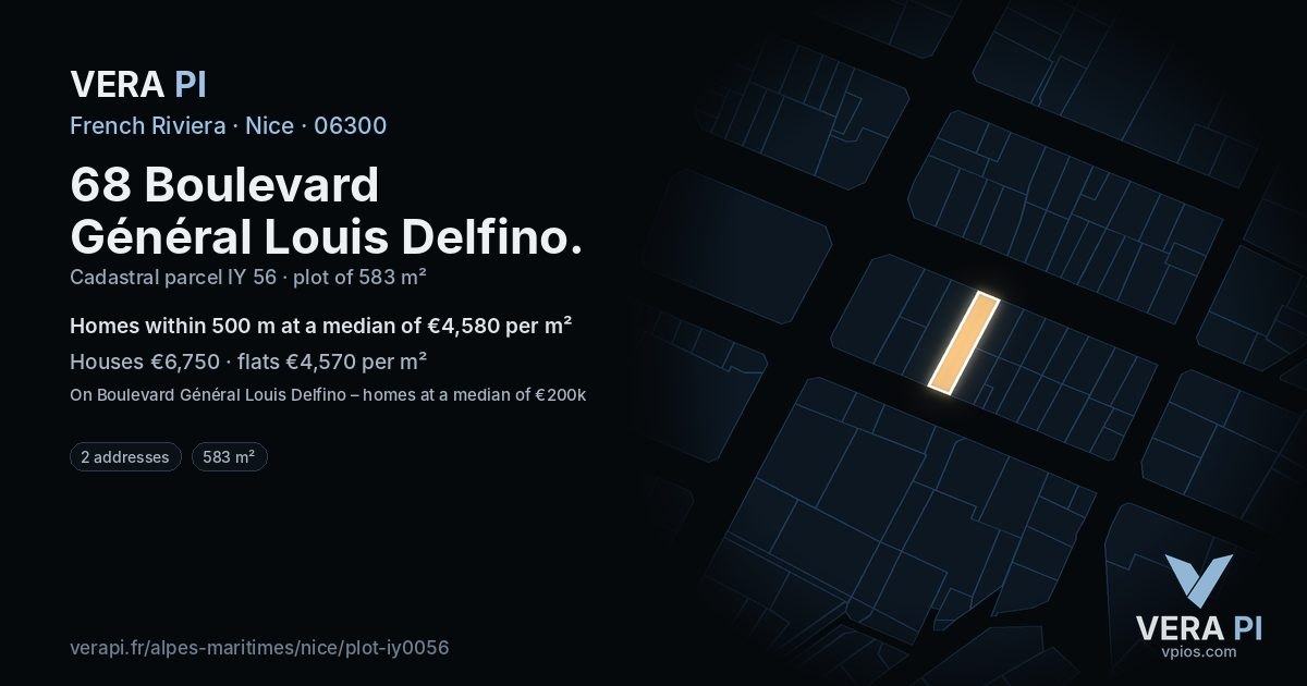 68 Boulevard Général Louis Delfino, Nice at night – the plot lit, the parcels around coloured by the prices near them