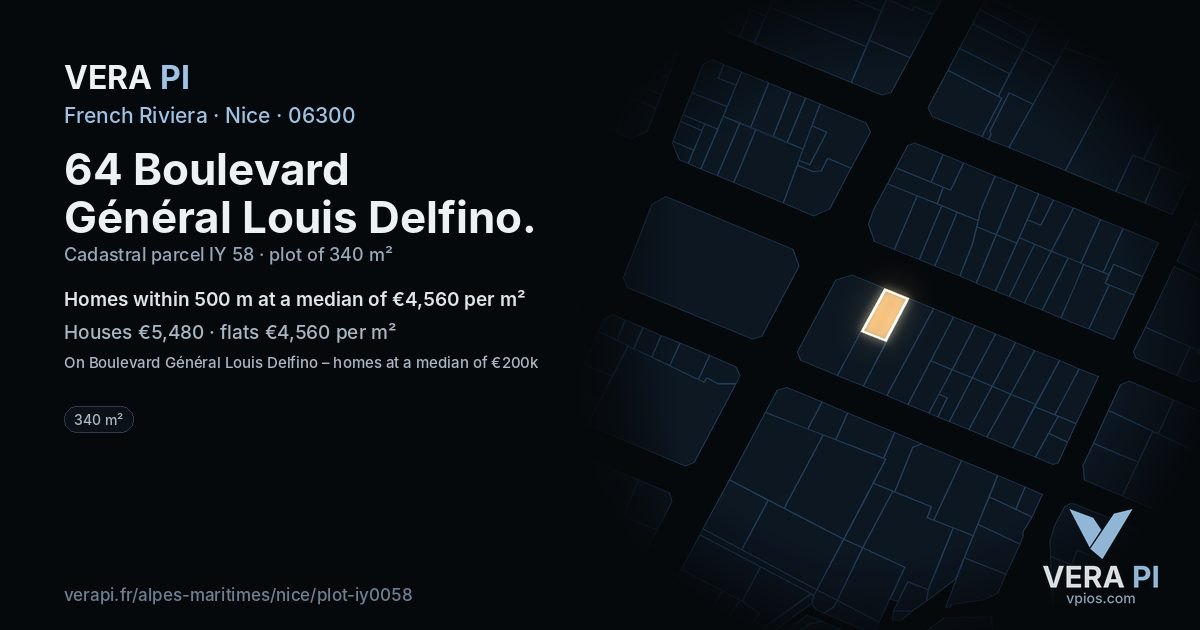 64 Boulevard Général Louis Delfino, Nice at night – the plot lit, the parcels around coloured by the prices near them
