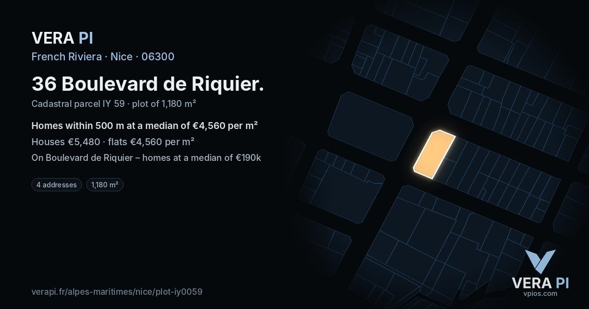 36 Boulevard de Riquier, Nice at night – the plot lit, the parcels around coloured by the prices near them