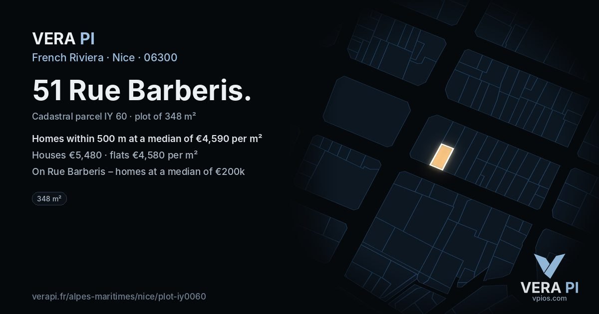 51 Rue Barberis, Nice at night – the plot lit, the parcels around coloured by the prices near them