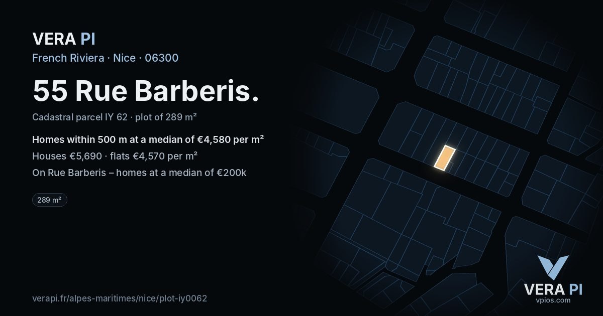55 Rue Barberis, Nice at night – the plot lit, the parcels around coloured by the prices near them