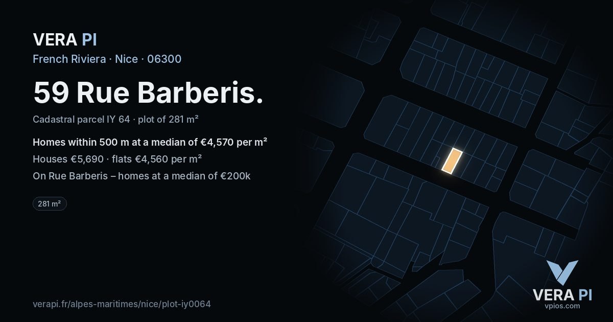 59 Rue Barberis, Nice at night – the plot lit, the parcels around coloured by the prices near them