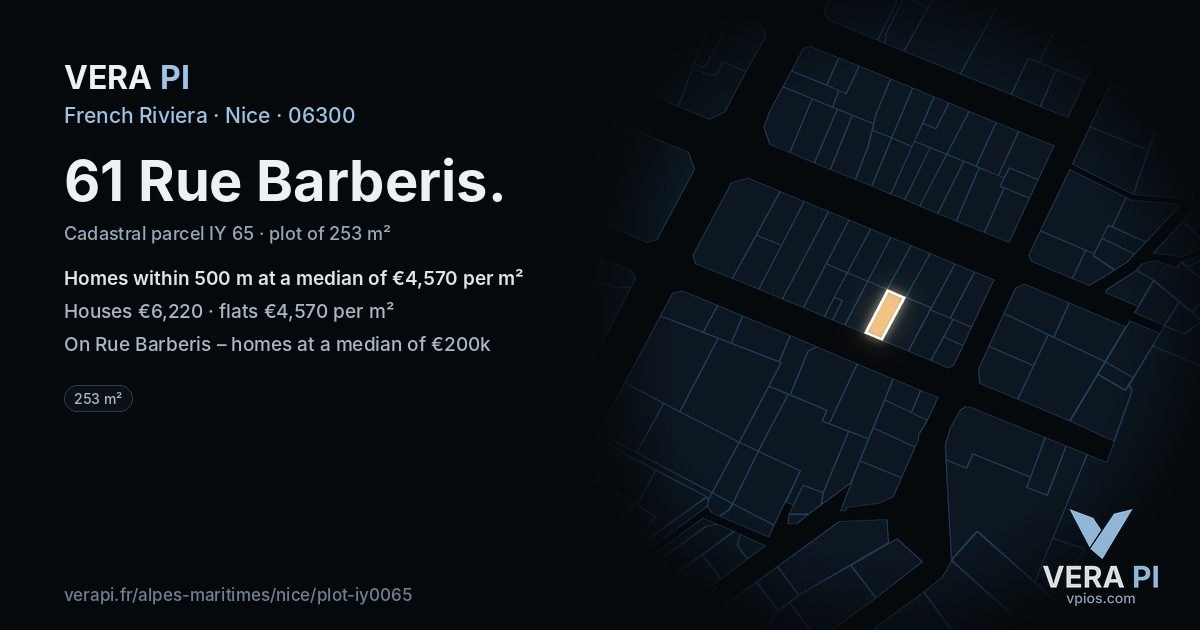 61 Rue Barberis, Nice at night – the plot lit, the parcels around coloured by the prices near them