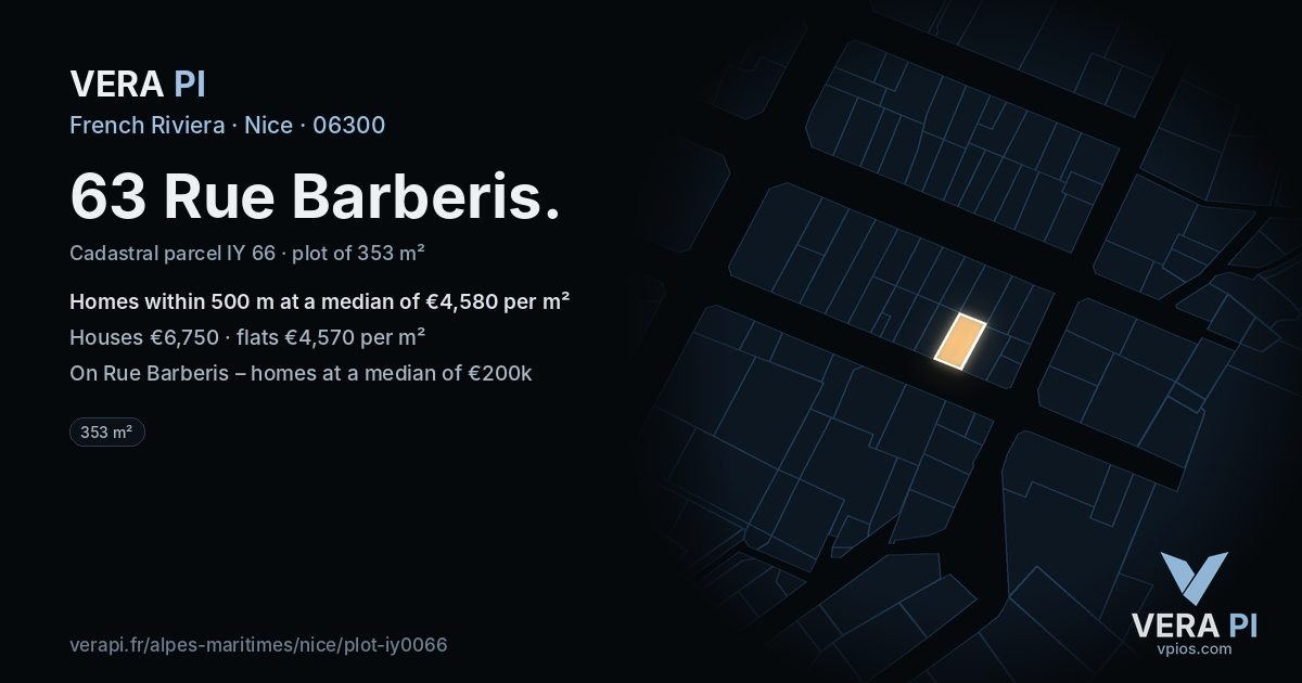 63 Rue Barberis, Nice at night – the plot lit, the parcels around coloured by the prices near them