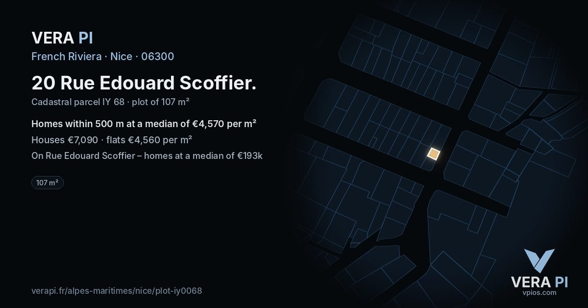 20 Rue Edouard Scoffier, Nice at night – the plot lit, the parcels around coloured by the prices near them