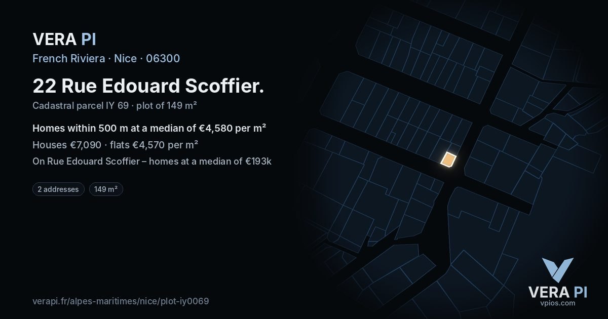 22 Rue Edouard Scoffier, Nice at night – the plot lit, the parcels around coloured by the prices near them
