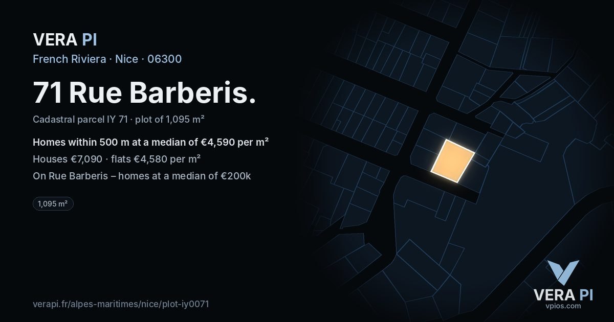 71 Rue Barberis, Nice at night – the plot lit, the parcels around coloured by the prices near them