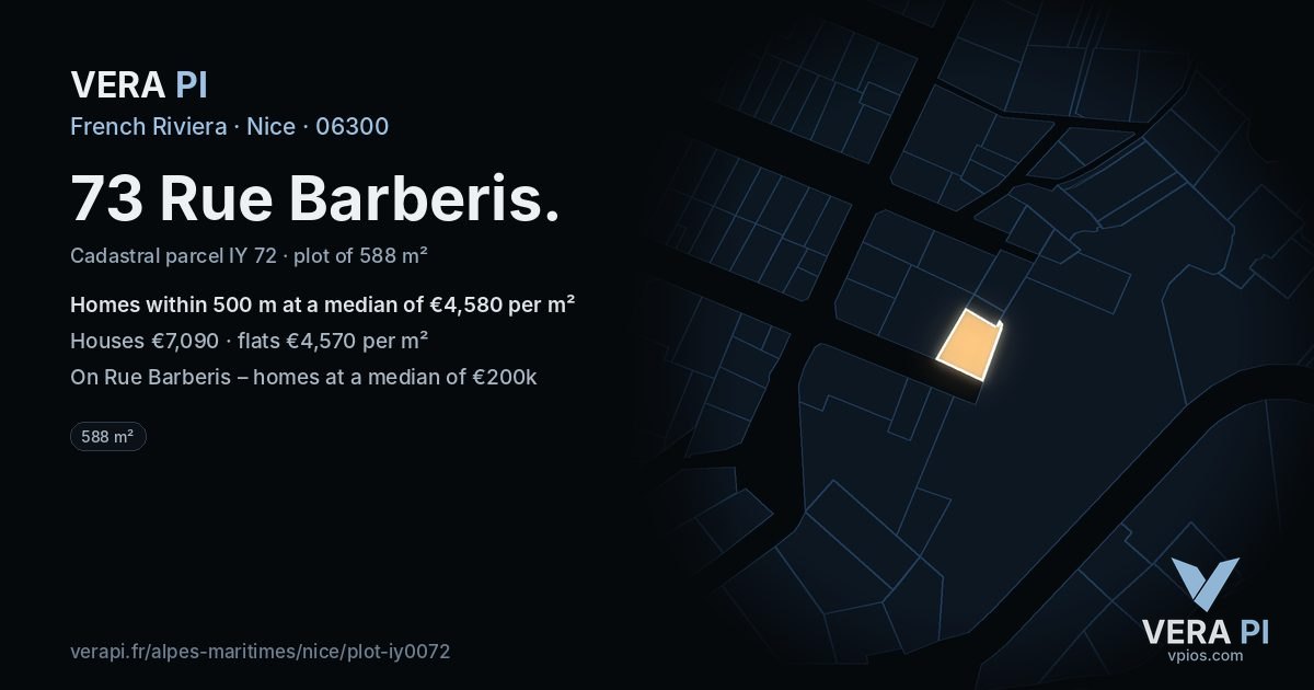 73 Rue Barberis, Nice at night – the plot lit, the parcels around coloured by the prices near them