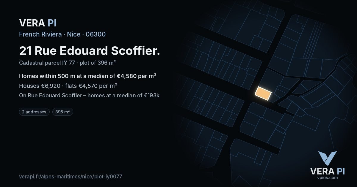 21 Rue Edouard Scoffier, Nice at night – the plot lit, the parcels around coloured by the prices near them
