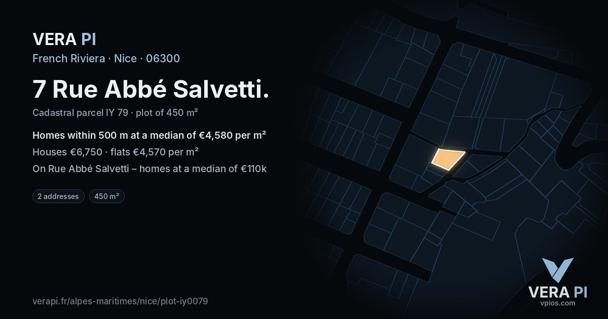 7 Rue Abbé Salvetti, Nice at night – the plot lit, the parcels around coloured by the prices near them