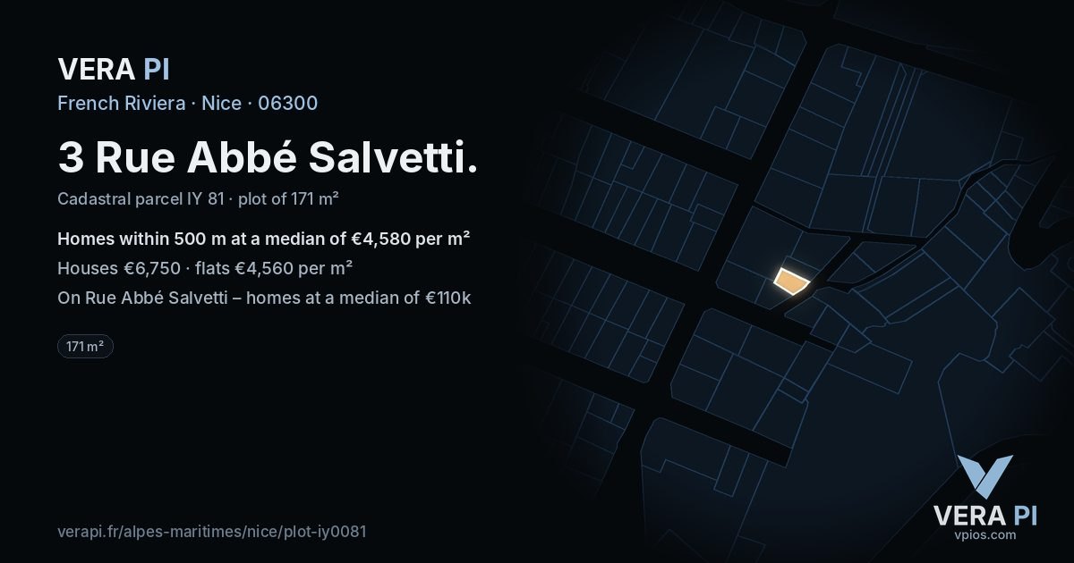 3 Rue Abbé Salvetti, Nice at night – the plot lit, the parcels around coloured by the prices near them