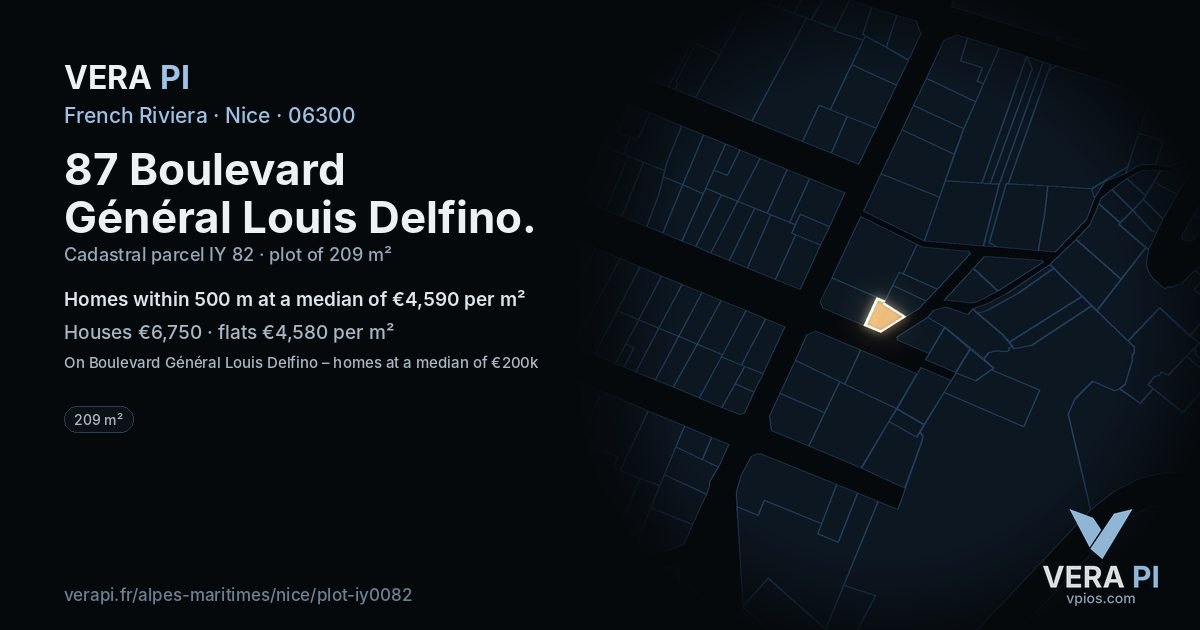 87 Boulevard Général Louis Delfino, Nice at night – the plot lit, the parcels around coloured by the prices near them
