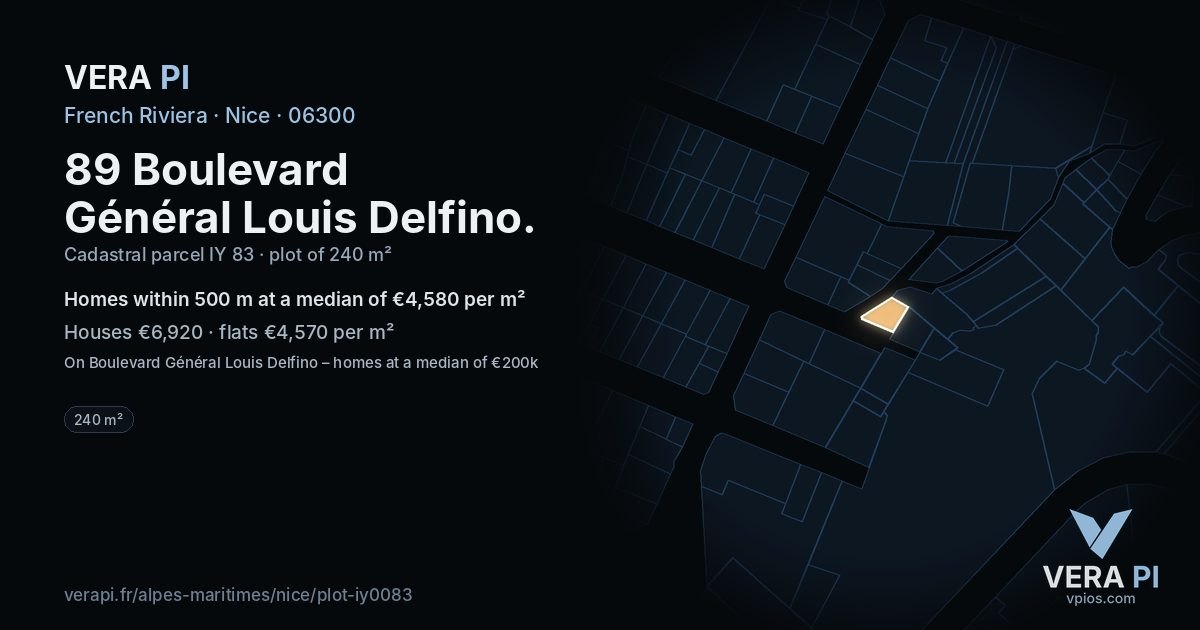 89 Boulevard Général Louis Delfino, Nice at night – the plot lit, the parcels around coloured by the prices near them