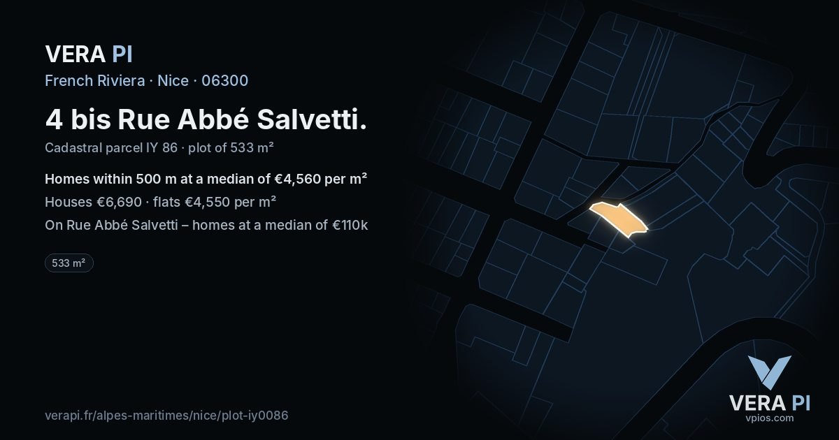 4 bis Rue Abbé Salvetti, Nice at night – the plot lit, the parcels around coloured by the prices near them