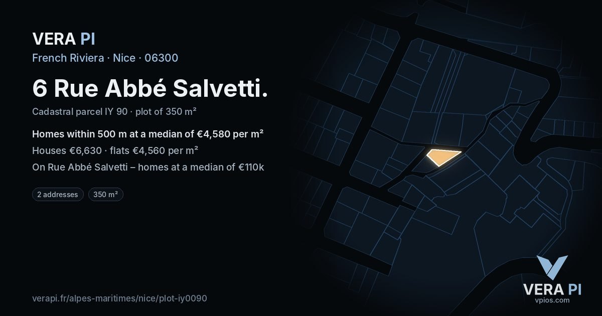 6 Rue Abbé Salvetti, Nice at night – the plot lit, the parcels around coloured by the prices near them