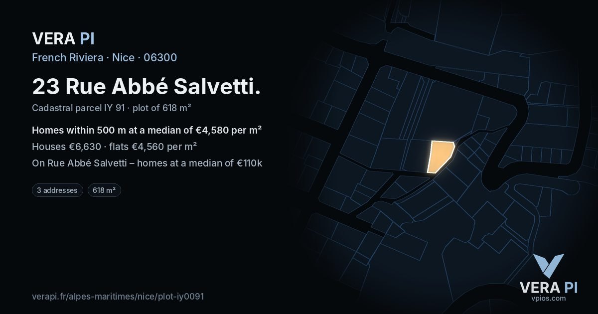 23 Rue Abbé Salvetti, Nice at night – the plot lit, the parcels around coloured by the prices near them