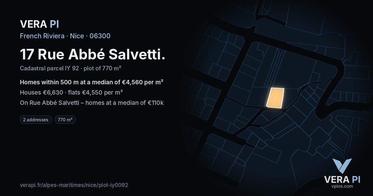 17 Rue Abbé Salvetti, Nice at night – the plot lit, the parcels around coloured by the prices near them