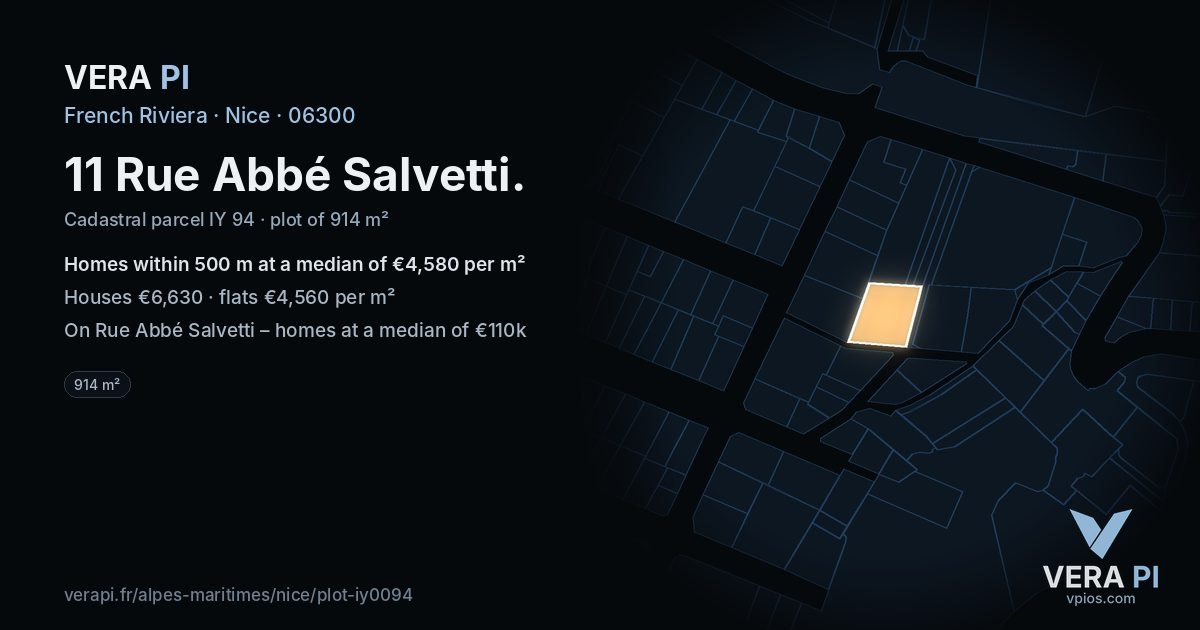 11 Rue Abbé Salvetti, Nice at night – the plot lit, the parcels around coloured by the prices near them