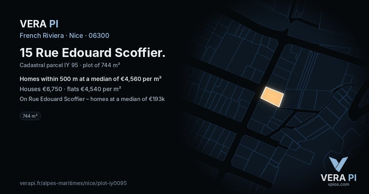 15 Rue Edouard Scoffier, Nice at night – the plot lit, the parcels around coloured by the prices near them