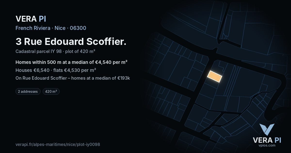 3 Rue Edouard Scoffier, Nice at night – the plot lit, the parcels around coloured by the prices near them