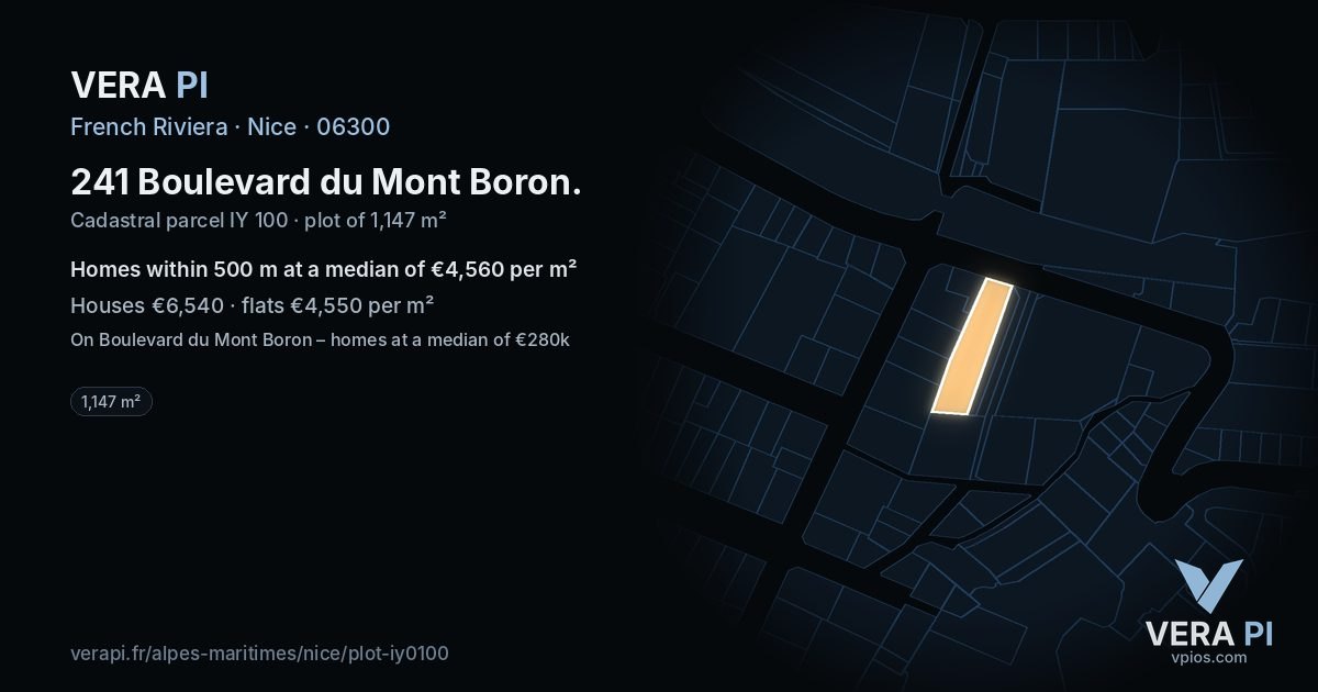 241 Boulevard du Mont Boron, Nice at night – the plot lit, the parcels around coloured by the prices near them