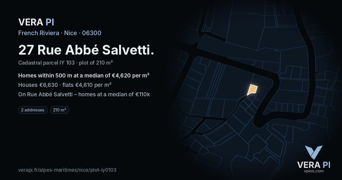 27 Rue Abbé Salvetti, Nice at night – the plot lit, the parcels around coloured by the prices near them