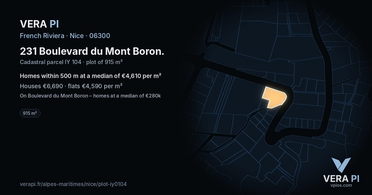 231 Boulevard du Mont Boron, Nice at night – the plot lit, the parcels around coloured by the prices near them
