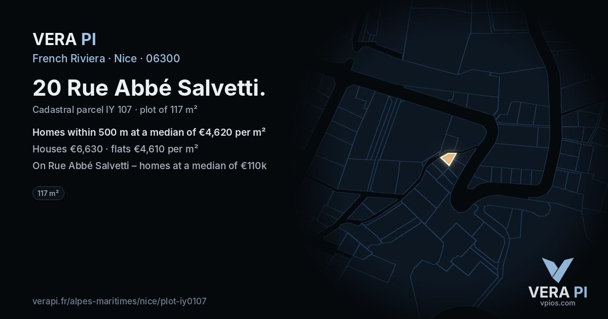 20 Rue Abbé Salvetti, Nice at night – the plot lit, the parcels around coloured by the prices near them