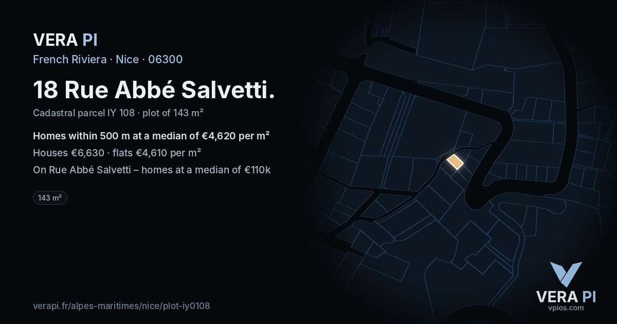 18 Rue Abbé Salvetti, Nice at night – the plot lit, the parcels around coloured by the prices near them