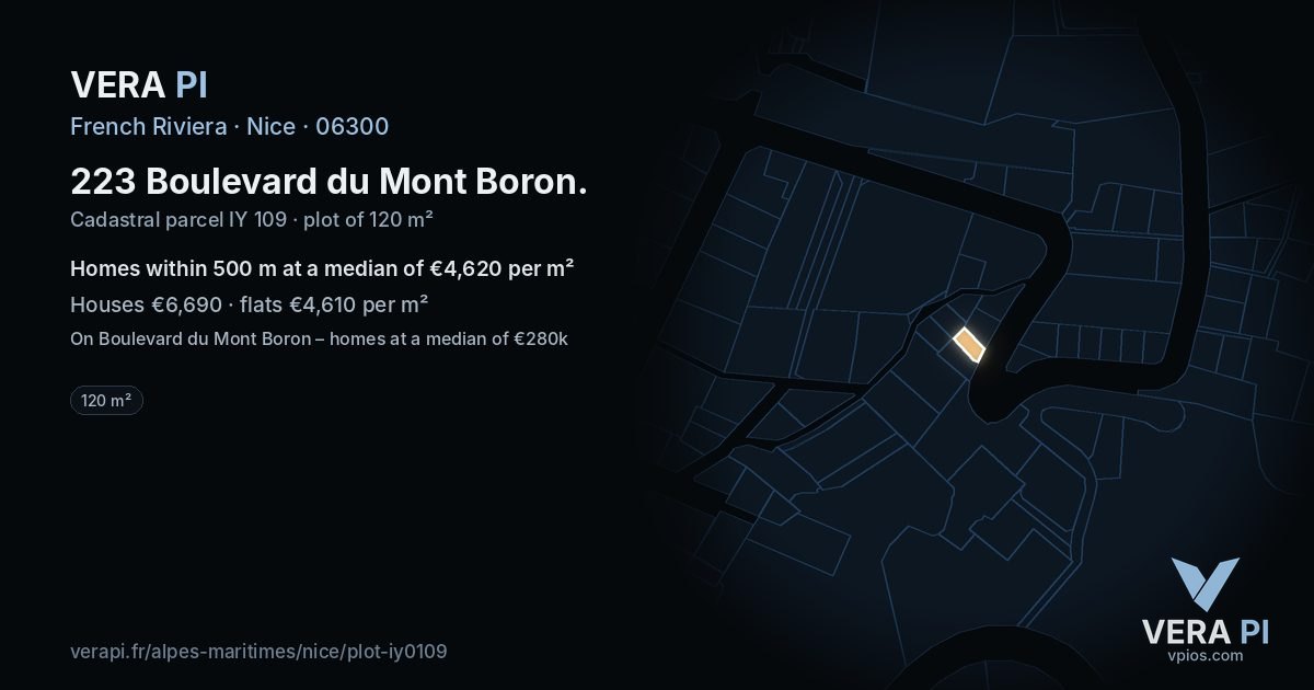 223 Boulevard du Mont Boron, Nice at night – the plot lit, the parcels around coloured by the prices near them