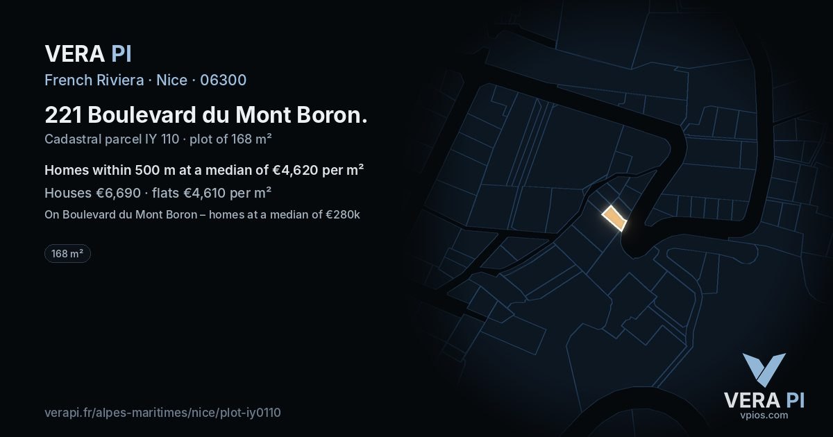 221 Boulevard du Mont Boron, Nice at night – the plot lit, the parcels around coloured by the prices near them